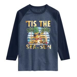Tis The Sea Sun Raglan Shirt Dabbing Pineapple Summer Vacation Gift TS12 Heather Denim Navy Print Your Wear