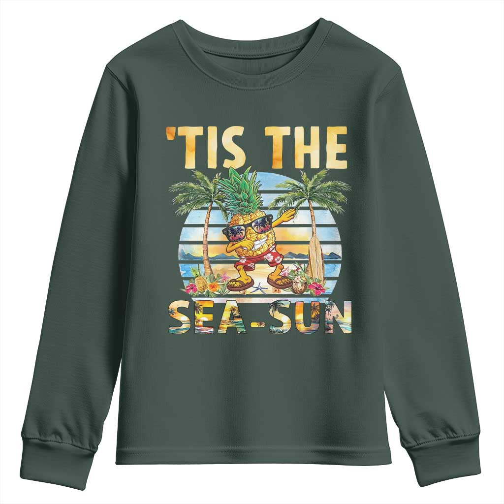 Tis The Sea Sun Youth Sweatshirt Dabbing Pineapple Summer Vacation Gift TS12 Dark Forest Green Print Your Wear