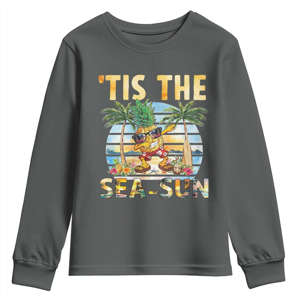 Tis The Sea Sun Youth Sweatshirt Dabbing Pineapple Summer Vacation Gift TS12 Dark Heather Print Your Wear