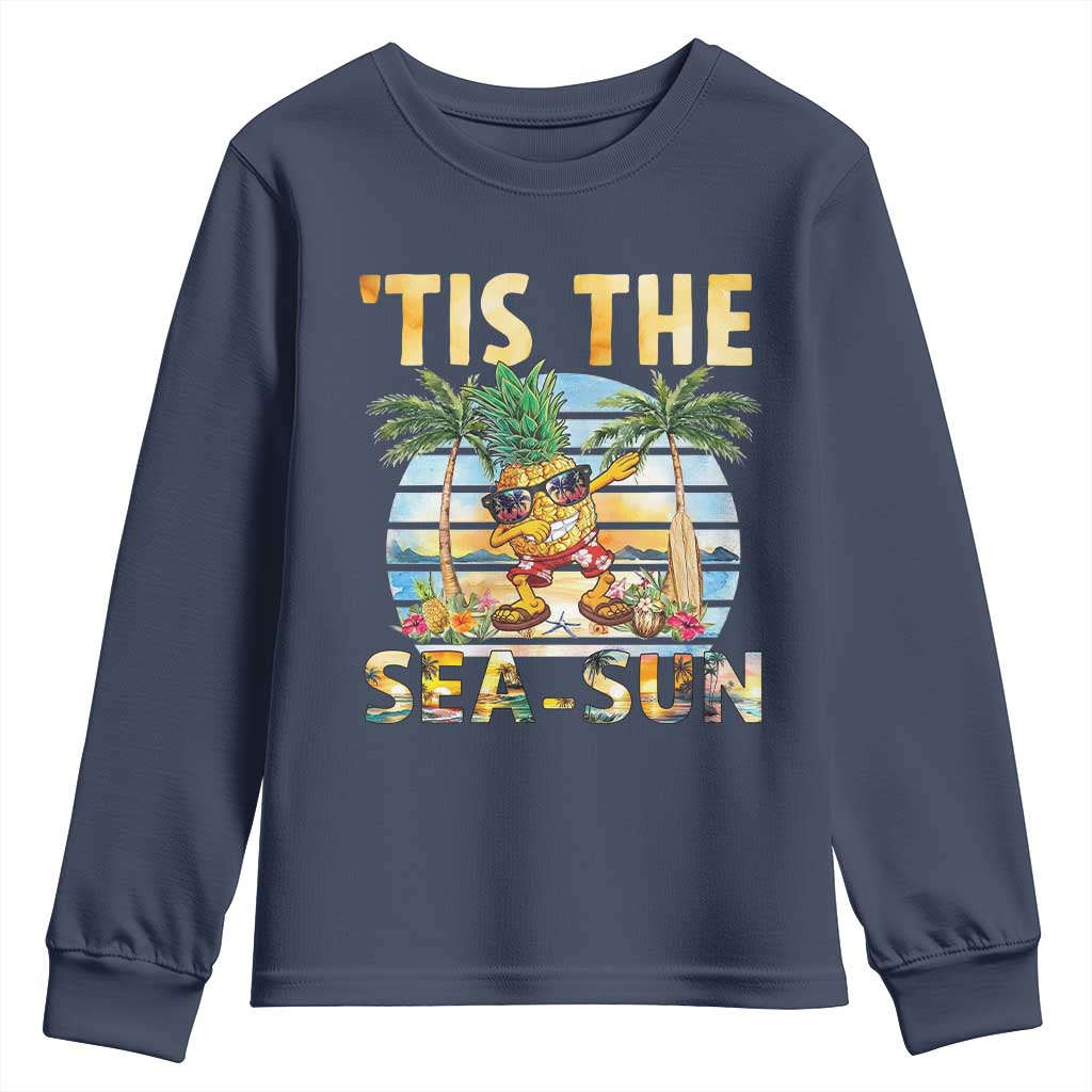 Tis The Sea Sun Youth Sweatshirt Dabbing Pineapple Summer Vacation Gift TS12 Navy Print Your Wear