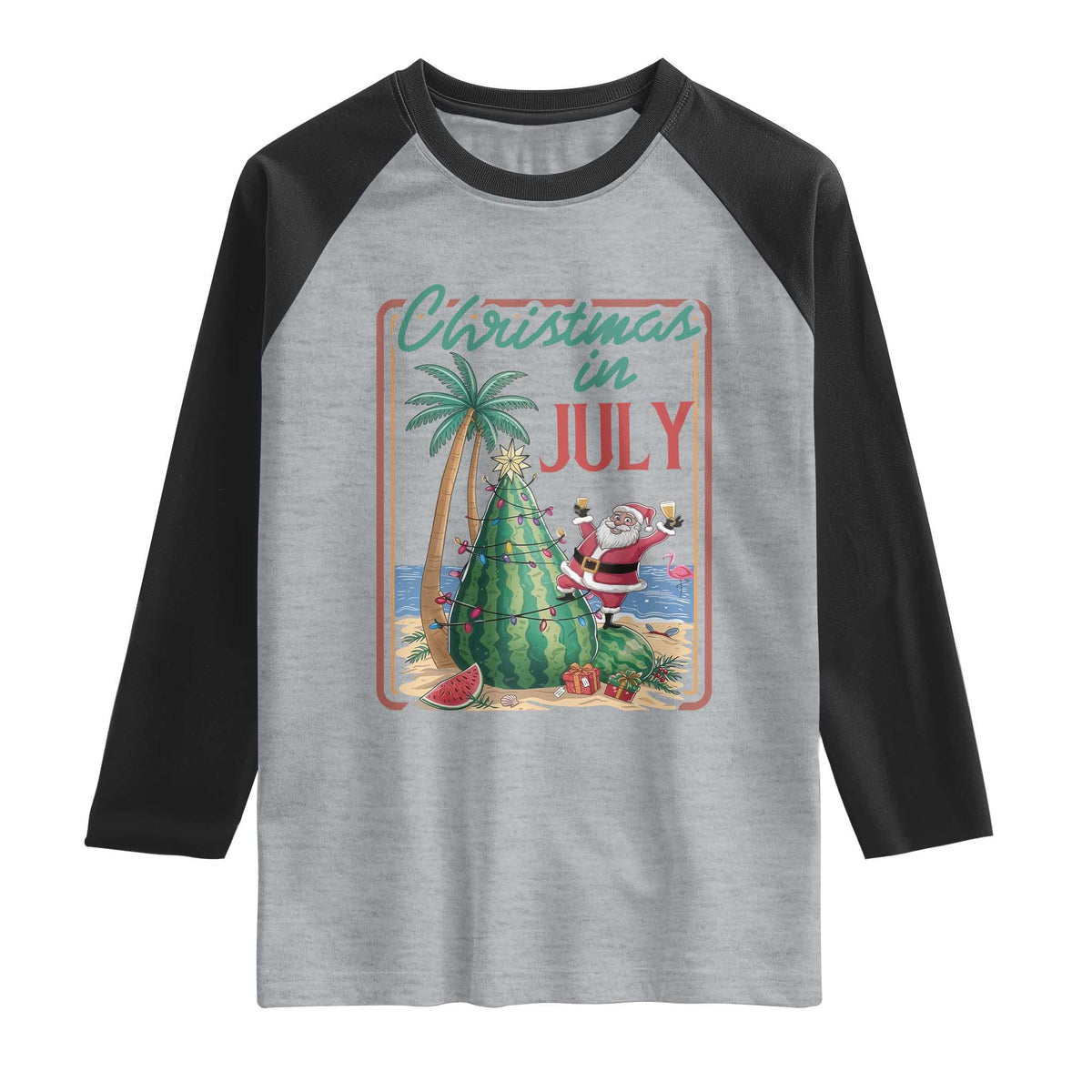 Christmas In July Raglan Shirt Funny Santa Watermelon Xmas Tree