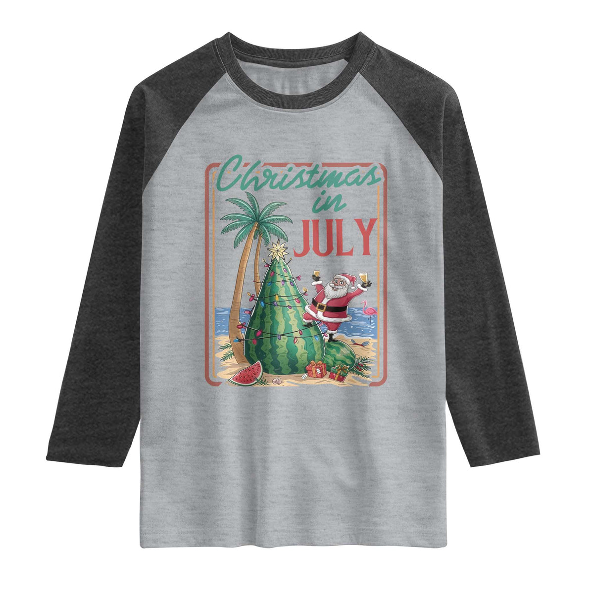 Christmas In July Raglan Shirt Funny Santa Watermelon Xmas Tree