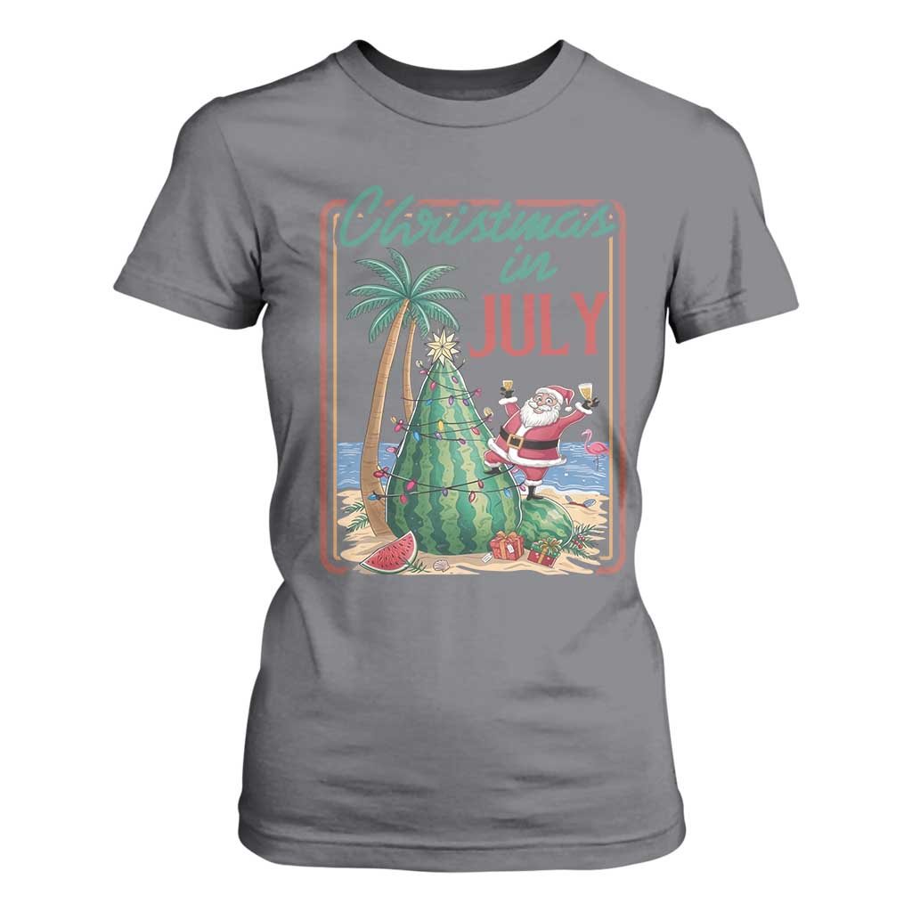 Christmas In July T Shirt For Women Funny Santa Watermelon Xmas Tree