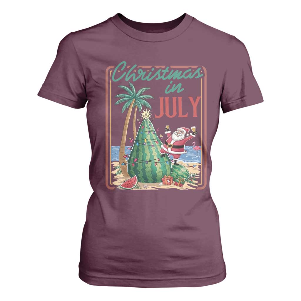 Christmas In July T Shirt For Women Funny Santa Watermelon Xmas Tree