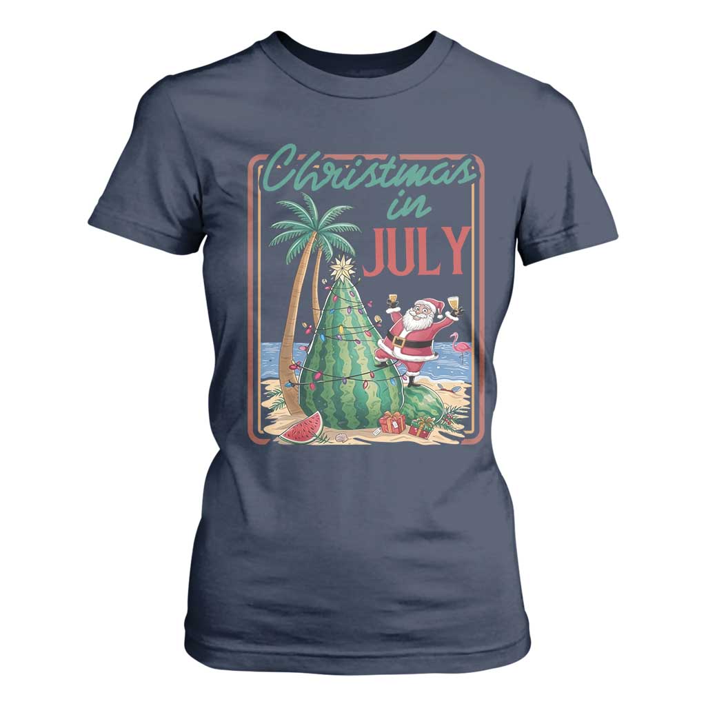 Christmas In July T Shirt For Women Funny Santa Watermelon Xmas Tree