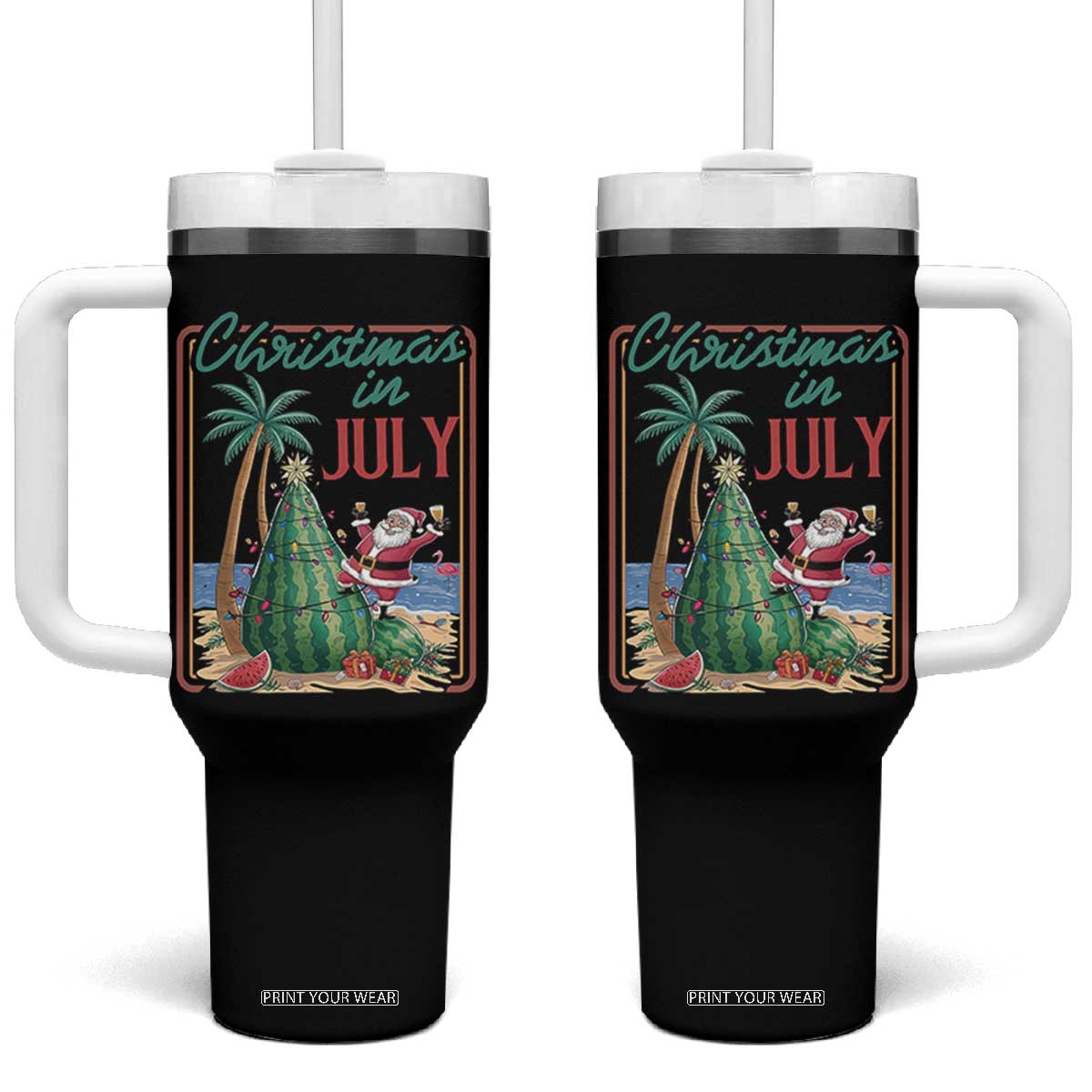 Christmas In July Tumbler With Handle Funny Santa Watermelon Xmas Tree TS12 One Size: 40 oz Black Print Your Wear