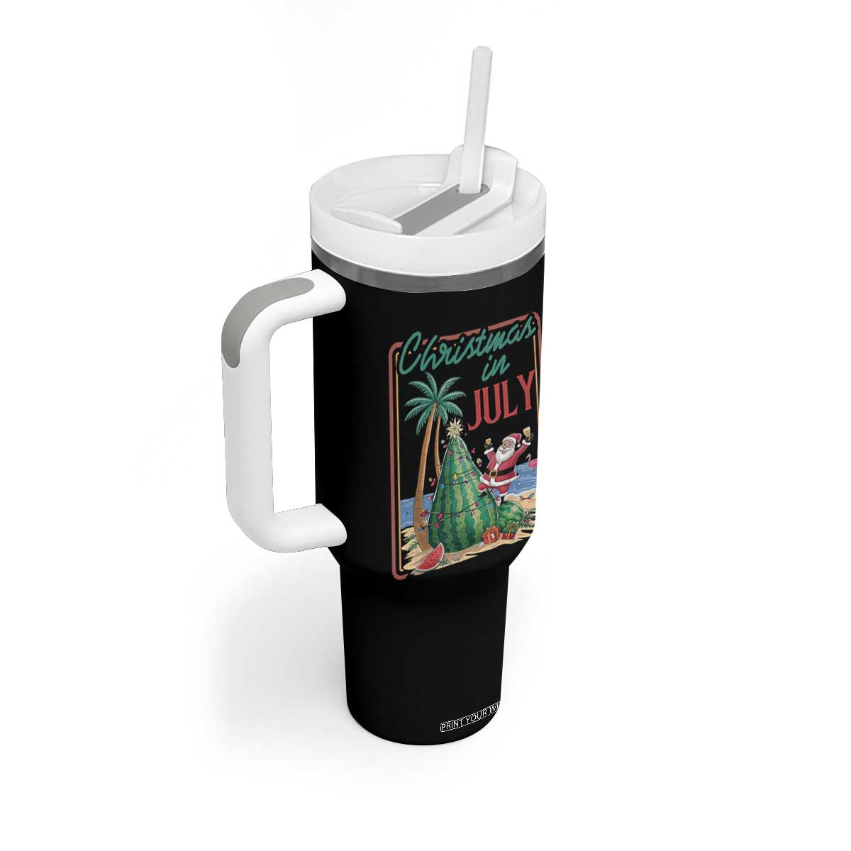 Christmas In July Tumbler With Handle Funny Santa Watermelon Xmas Tree