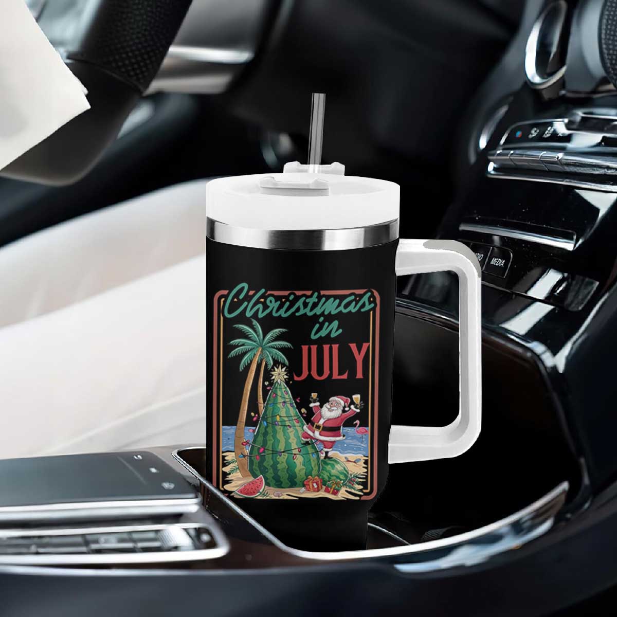 Christmas In July Tumbler With Handle Funny Santa Watermelon Xmas Tree