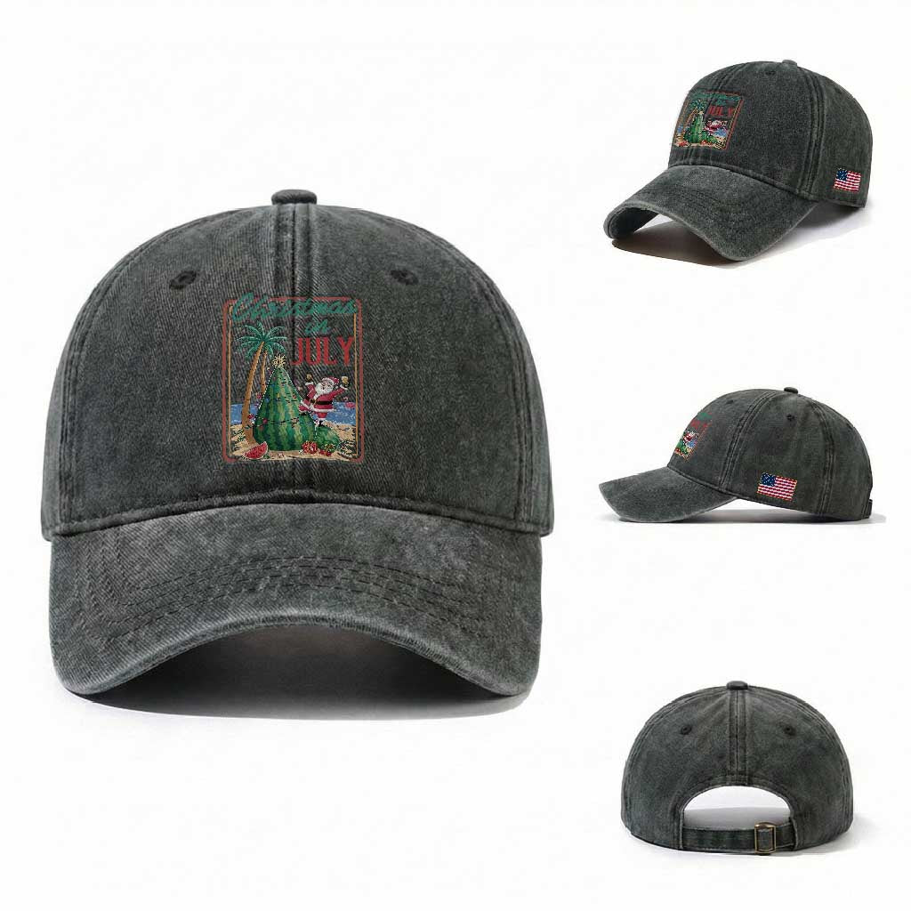 Christmas In July Washed Cotton Baseball Cap Funny Santa Watermelon Xmas Tree TS12 Washed Cap Universal Fit Dark Green Print Your Wear