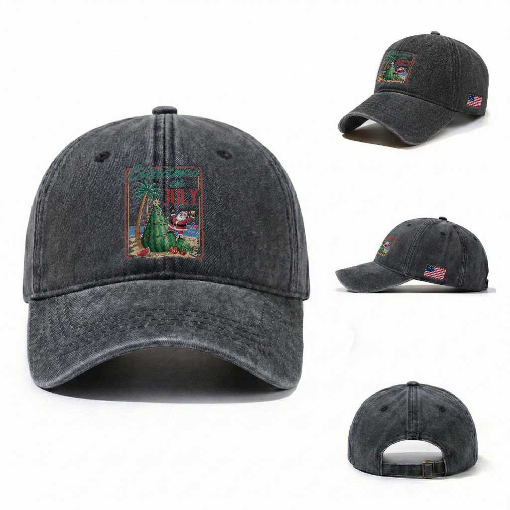 Christmas In July Washed Cotton Baseball Cap Funny Santa Watermelon Xmas Tree TS12 Washed Cap Universal Fit Dark Gray Print Your Wear