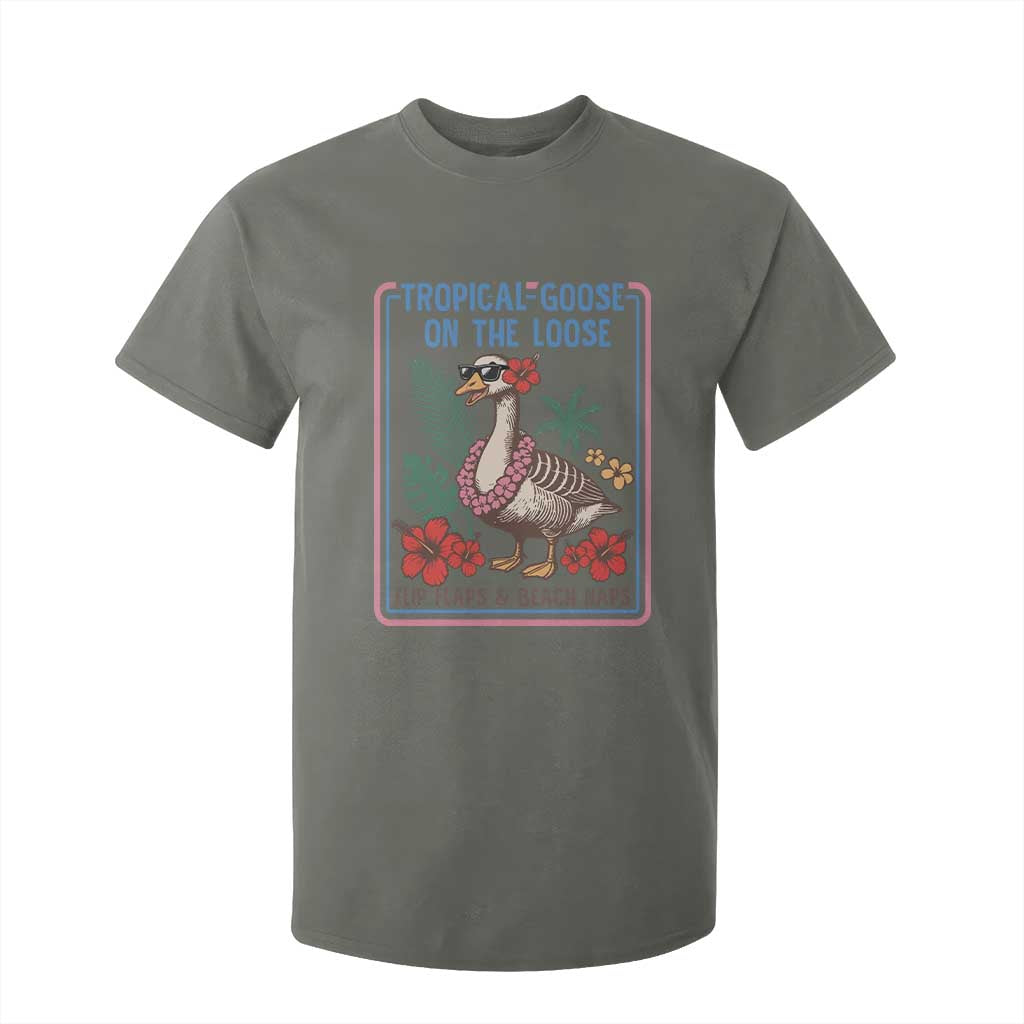 Funny Hawaiian Beach Vacation Graphic T Shirt For Kid Tropical Goose On The Loose TS12 Military Green Print Your Wear