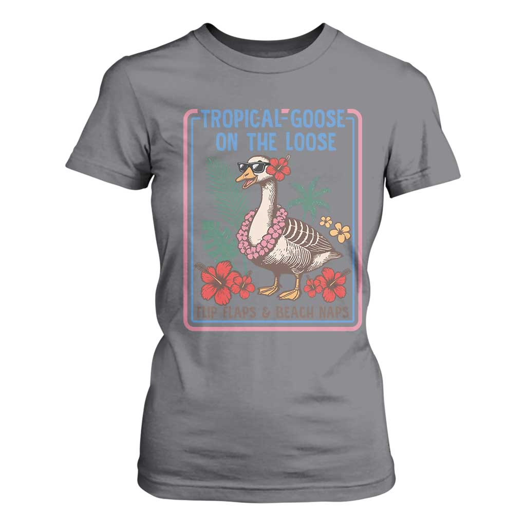 Funny Hawaiian Beach Vacation Graphic T Shirt For Women Tropical Goose On The Loose TS12 Charcoal Print Your Wear