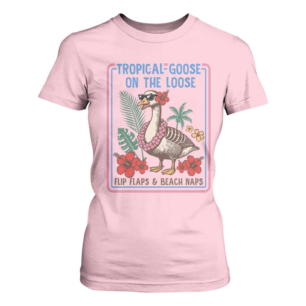 Funny Hawaiian Beach Vacation Graphic T Shirt For Women Tropical Goose On The Loose TS12 Light Pink Print Your Wear