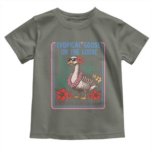 Funny Hawaiian Beach Vacation Graphic Toddler T Shirt Tropical Goose On The Loose TS12 Military Green Print Your Wear