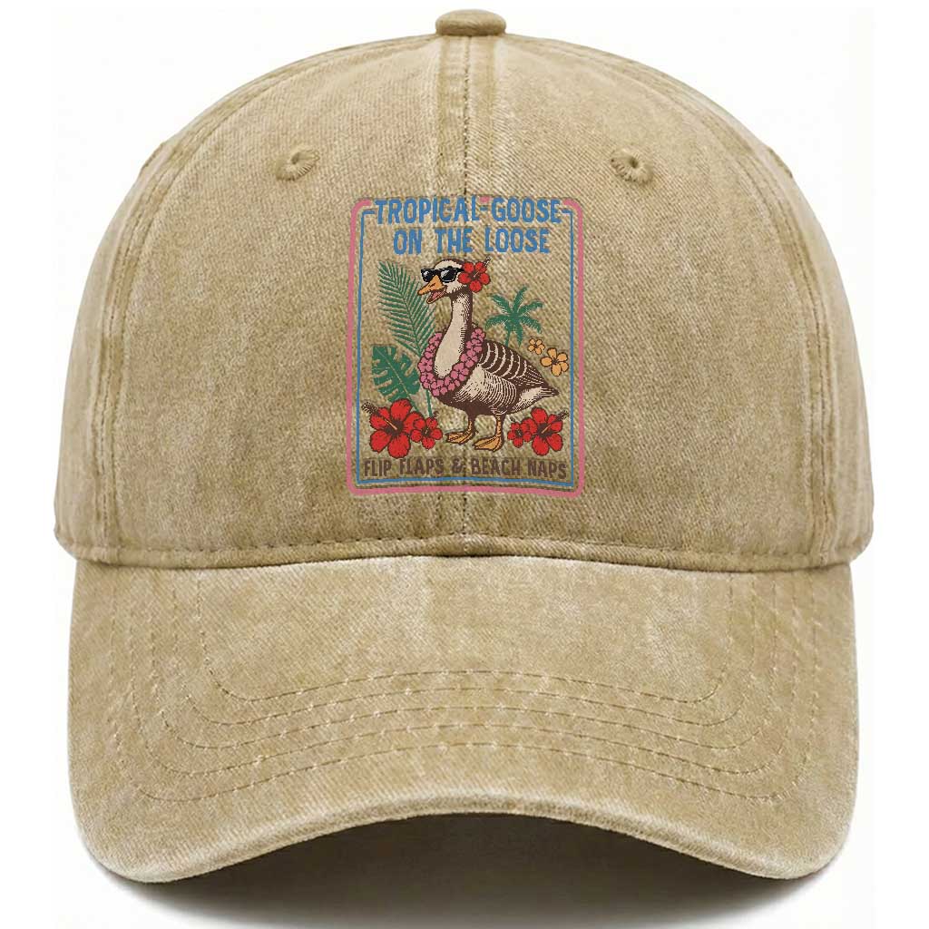 Funny Hawaiian Beach Vacation Graphic Washed Cotton Baseball Cap Tropical Goose On The Loose TS12 Print Your Wear