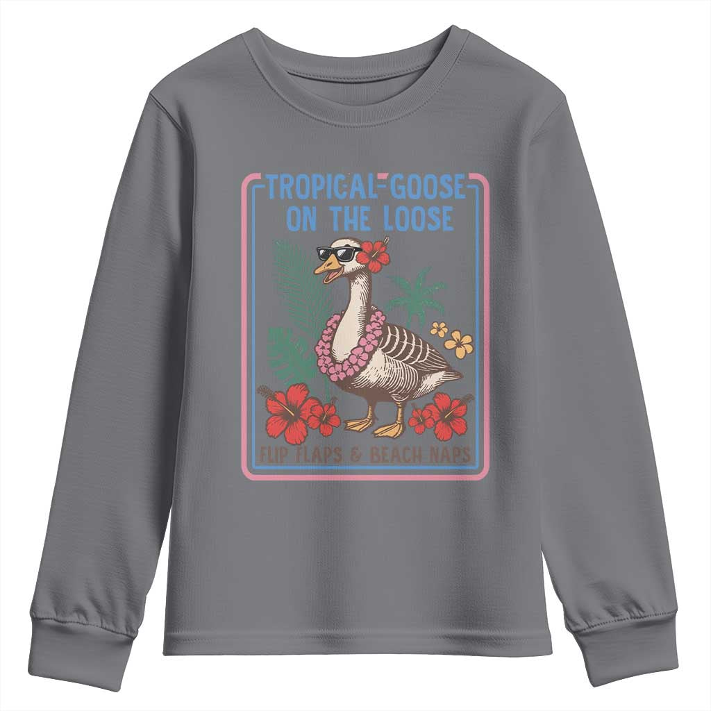Funny Hawaiian Beach Vacation Graphic Youth Sweatshirt Tropical Goose On The Loose TS12 Charcoal Print Your Wear
