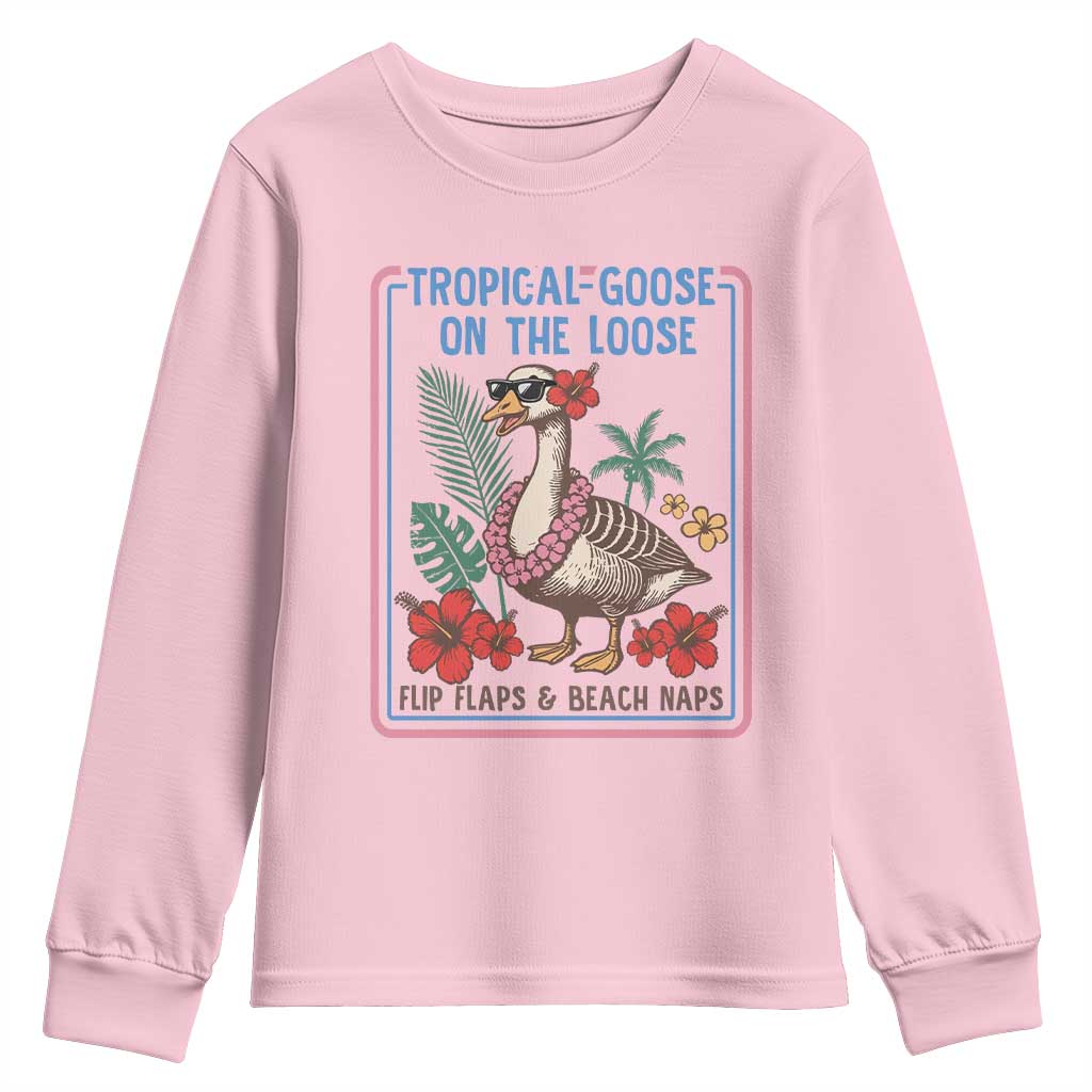 Funny Hawaiian Beach Vacation Graphic Youth Sweatshirt Tropical Goose On The Loose TS12 Light Pink Print Your Wear