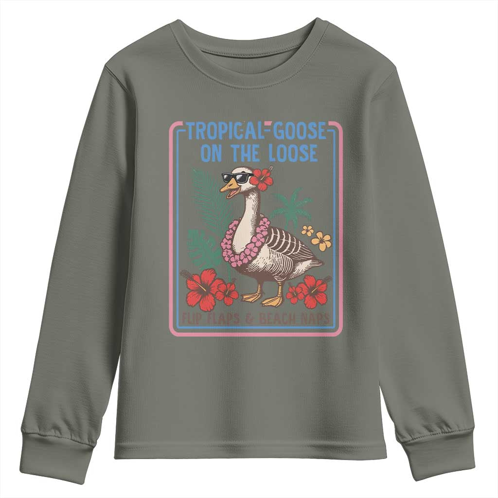 Funny Hawaiian Beach Vacation Graphic Youth Sweatshirt Tropical Goose On The Loose TS12 Military Green Print Your Wear