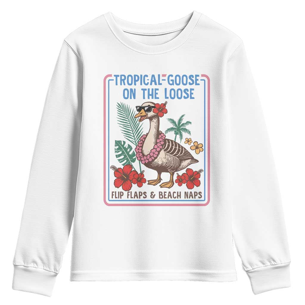 Funny Hawaiian Beach Vacation Graphic Youth Sweatshirt Tropical Goose On The Loose TS12 White Print Your Wear