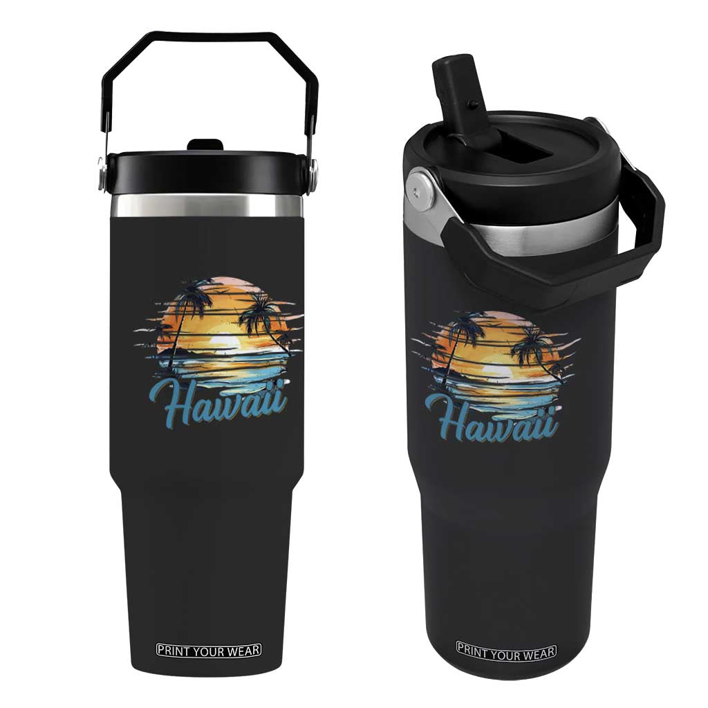 Retro Sunset Palm Tree Hawaii Flip Straw Tumbler Tropical Vacation Graphic TS12 One Size: 30 oz Black Print Your Wear