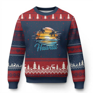 Retro Sunset Palm Tree Hawaii Ugly Christmas Sweater Tropical Vacation Graphic TS12 Navy Red Print Your Wear