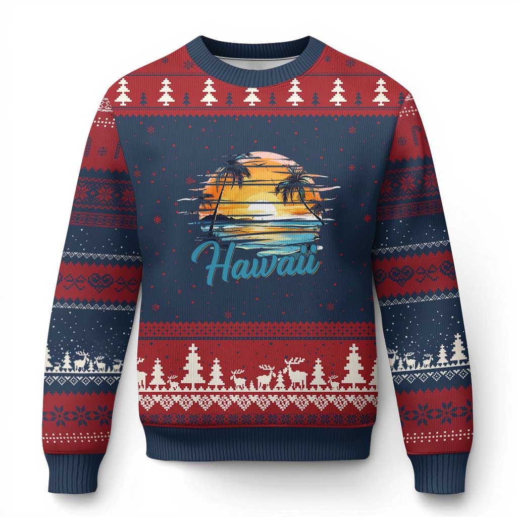 Retro Sunset Palm Tree Hawaii Ugly Christmas Sweater Tropical Vacation Graphic TS12 Navy Red Print Your Wear