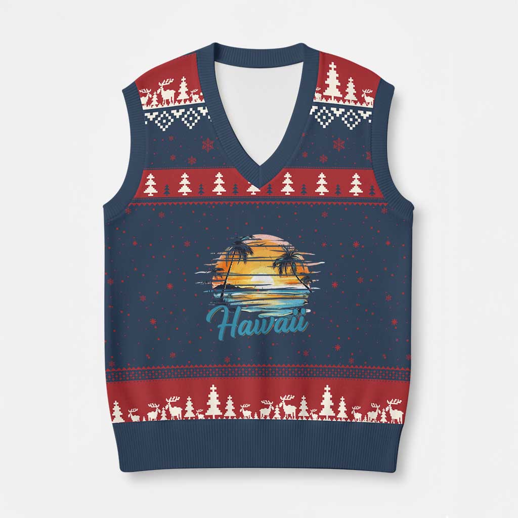 Retro Sunset Palm Tree Hawaii V-Neck Knit Sweater Vest Tropical Vacation Graphic TS12 Navy Red Print Your Wear