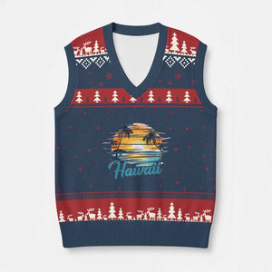 Retro Sunset Palm Tree Hawaii V-Neck Knit Sweater Vest Tropical Vacation Graphic TS12 Navy Red Print Your Wear