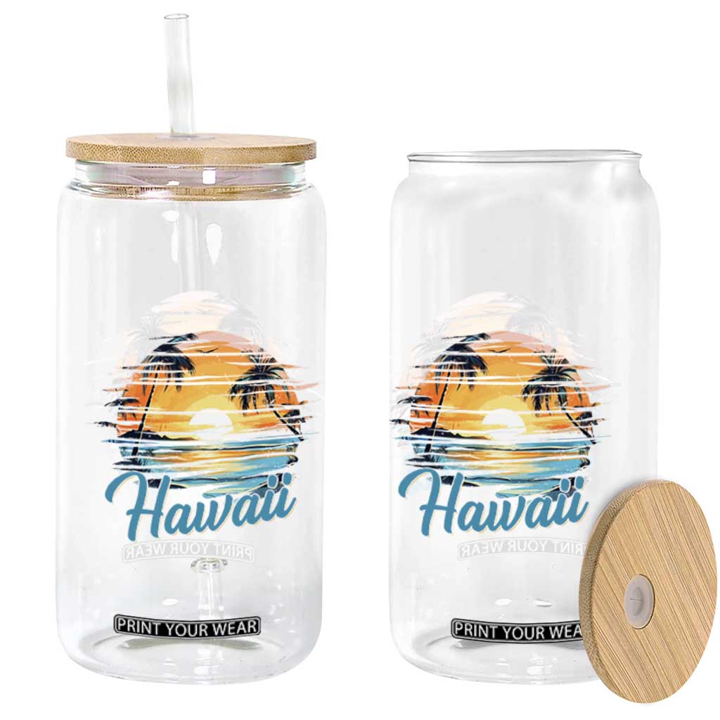 Retro Sunset Palm Tree Hawaii Glass Can Tropical Vacation Graphic TS12 Print Your Wear