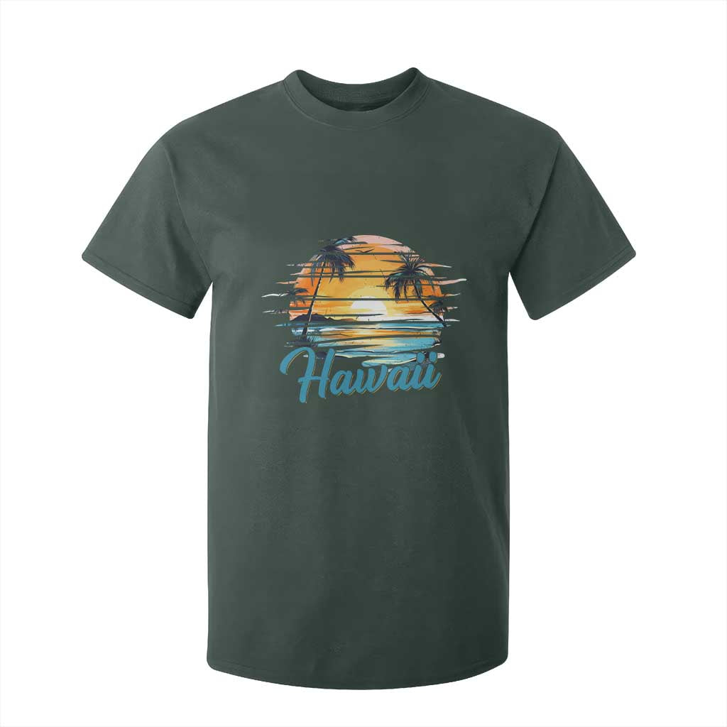 Retro Sunset Palm Tree Hawaii T Shirt For Kid Tropical Vacation Graphic TS12 Dark Forest Green Print Your Wear