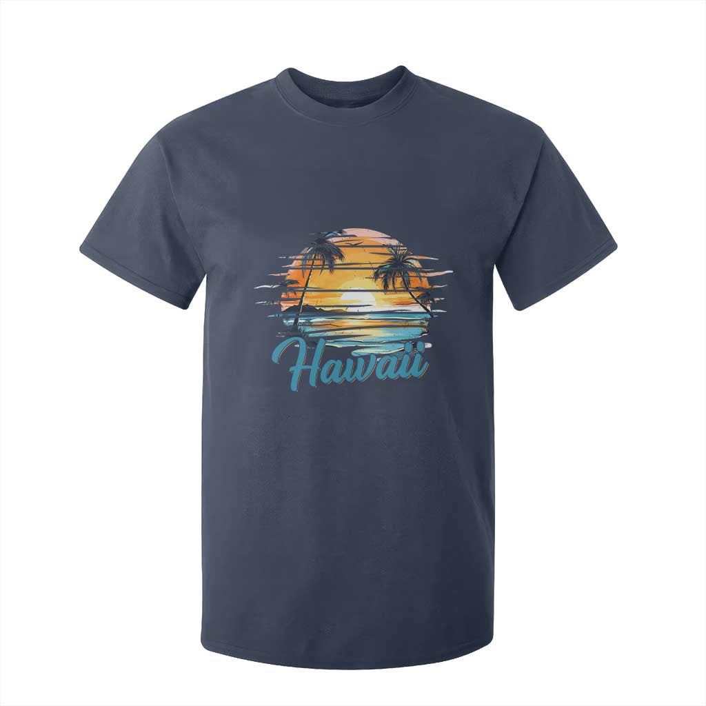 Retro Sunset Palm Tree Hawaii T Shirt For Kid Tropical Vacation Graphic TS12 Navy Print Your Wear