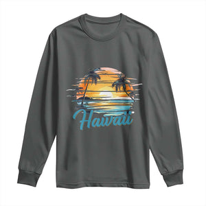 Retro Sunset Palm Tree Hawaii Long Sleeve Shirt Tropical Vacation Graphic TS12 Dark Heather Print Your Wear