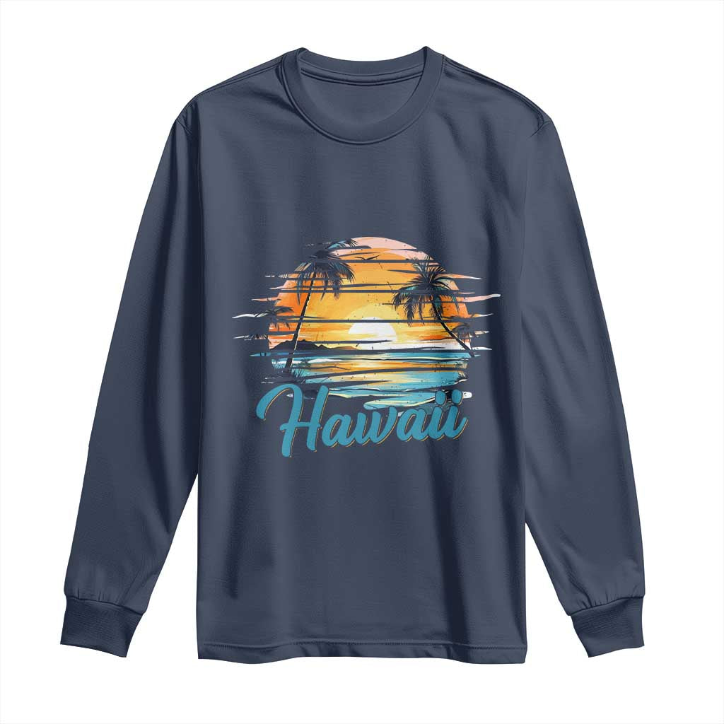 Retro Sunset Palm Tree Hawaii Long Sleeve Shirt Tropical Vacation Graphic TS12 Navy Print Your Wear