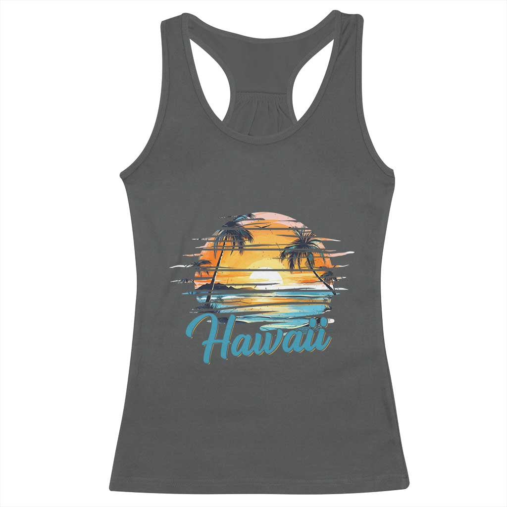 Retro Sunset Palm Tree Hawaii Racerback Tank Top Tropical Vacation Graphic TS12 Dark Heather Print Your Wear
