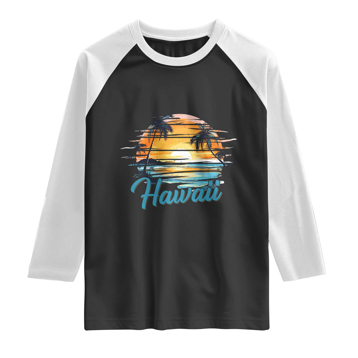 Retro Sunset Palm Tree Hawaii Raglan Shirt Tropical Vacation Graphic TS12 Black White Print Your Wear