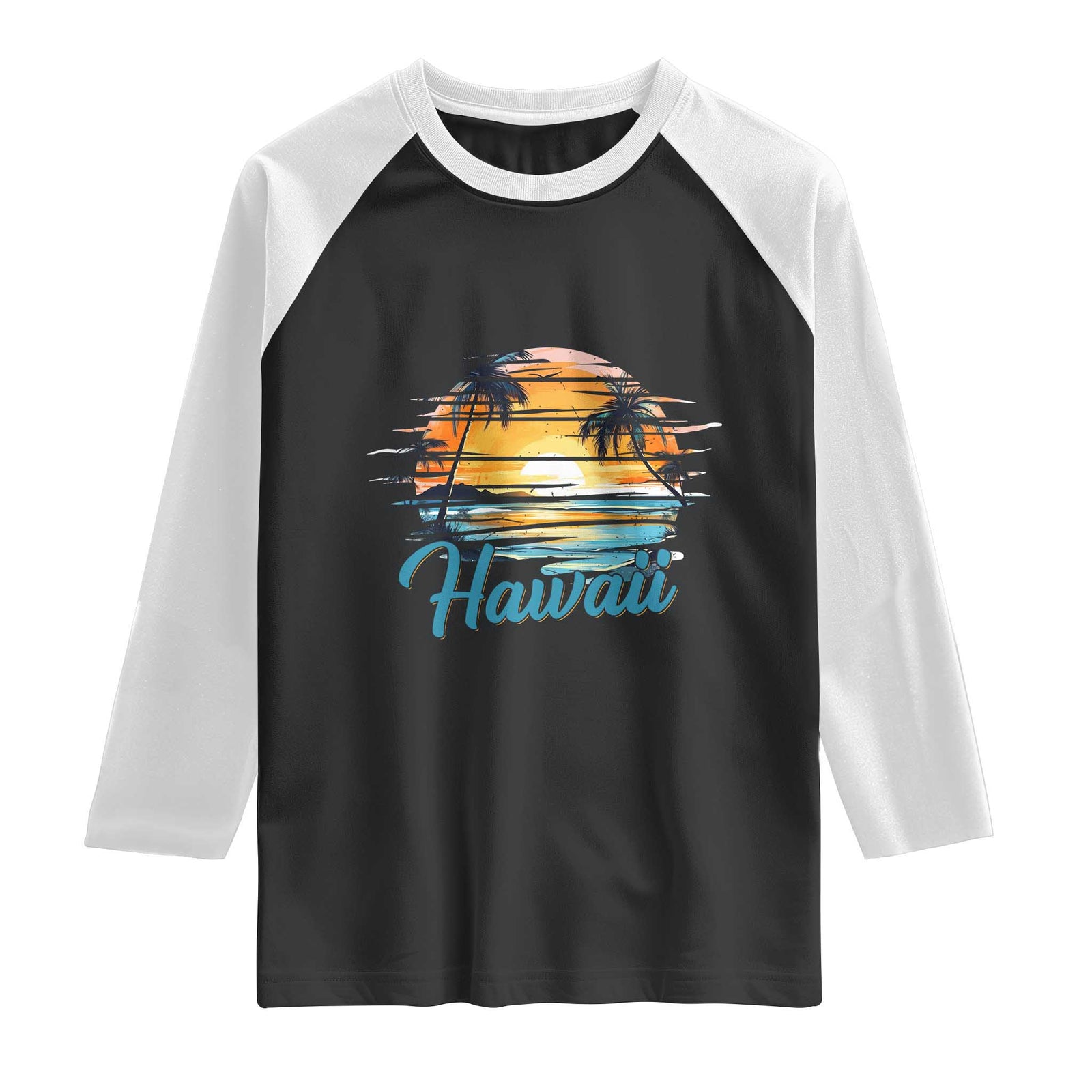Retro Sunset Palm Tree Hawaii Raglan Shirt Tropical Vacation Graphic TS12 Black White Print Your Wear