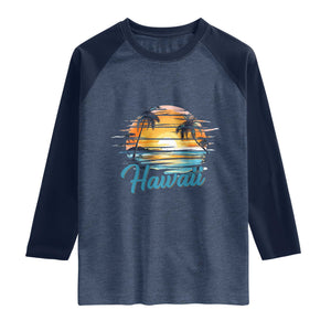 Retro Sunset Palm Tree Hawaii Raglan Shirt Tropical Vacation Graphic TS12 Heather Denim Navy Print Your Wear