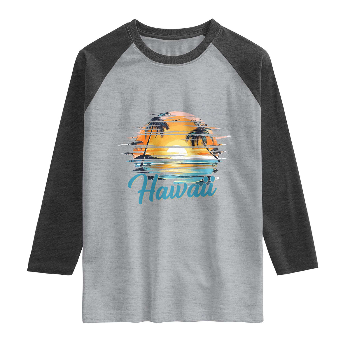 Retro Sunset Palm Tree Hawaii Raglan Shirt Tropical Vacation Graphic TS12 Heather Gray Heather Charcoal Print Your Wear