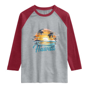 Retro Sunset Palm Tree Hawaii Raglan Shirt Tropical Vacation Graphic TS12 Heather Gray Heather Red Print Your Wear