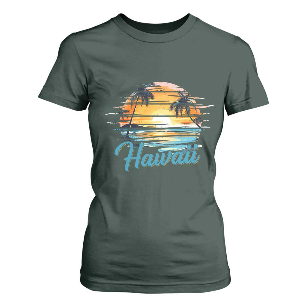 Retro Sunset Palm Tree Hawaii T Shirt For Women Tropical Vacation Graphic TS12 Dark Forest Green Print Your Wear