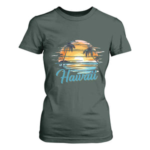 Retro Sunset Palm Tree Hawaii T Shirt For Women Tropical Vacation Graphic TS12 Dark Forest Green Print Your Wear