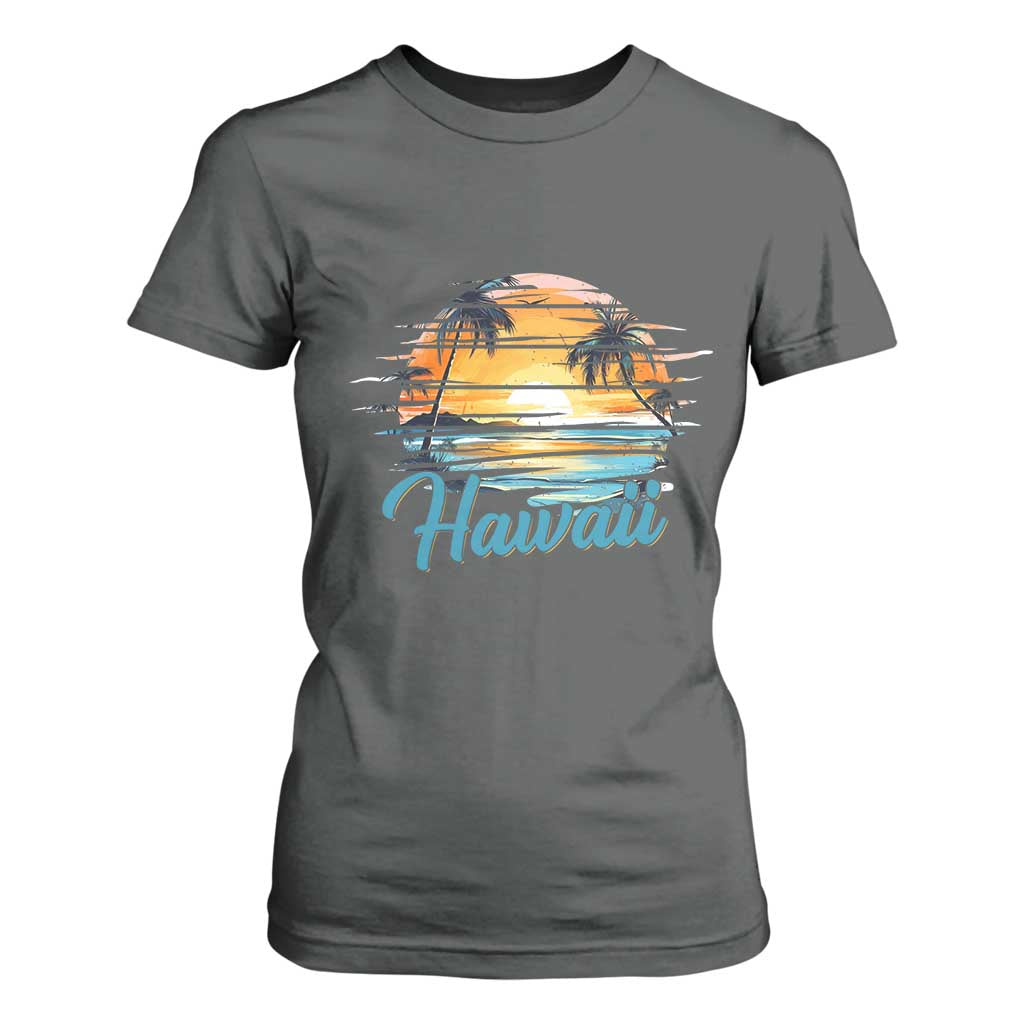 Retro Sunset Palm Tree Hawaii T Shirt For Women Tropical Vacation Graphic TS12 Dark Heather Print Your Wear