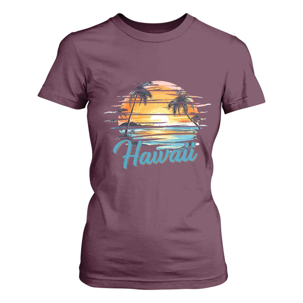 Retro Sunset Palm Tree Hawaii T Shirt For Women Tropical Vacation Graphic TS12 Maroon Print Your Wear