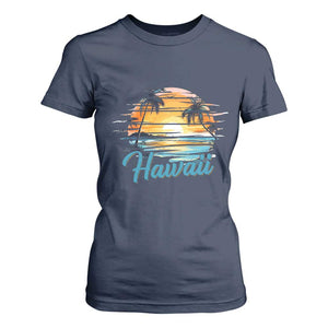 Retro Sunset Palm Tree Hawaii T Shirt For Women Tropical Vacation Graphic TS12 Navy Print Your Wear