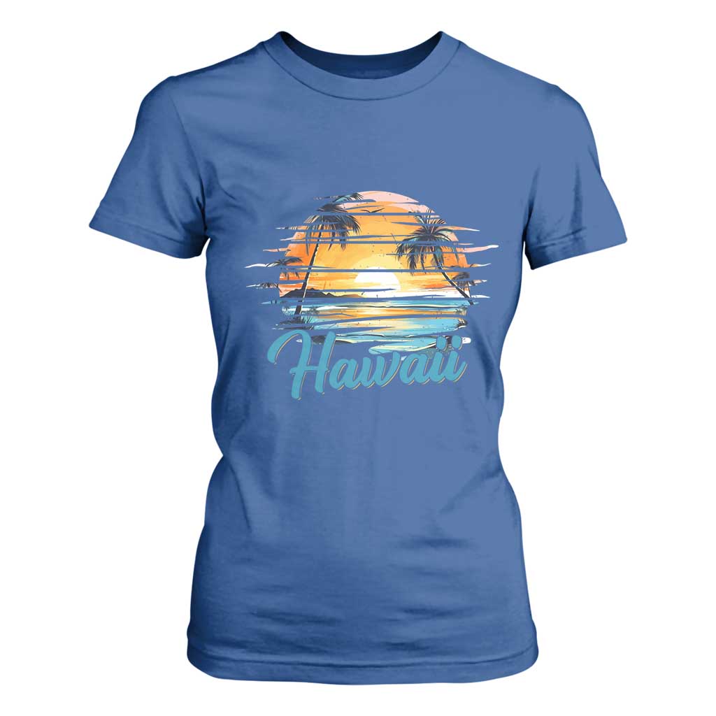 Retro Sunset Palm Tree Hawaii T Shirt For Women Tropical Vacation Graphic TS12 Royal Blue Print Your Wear
