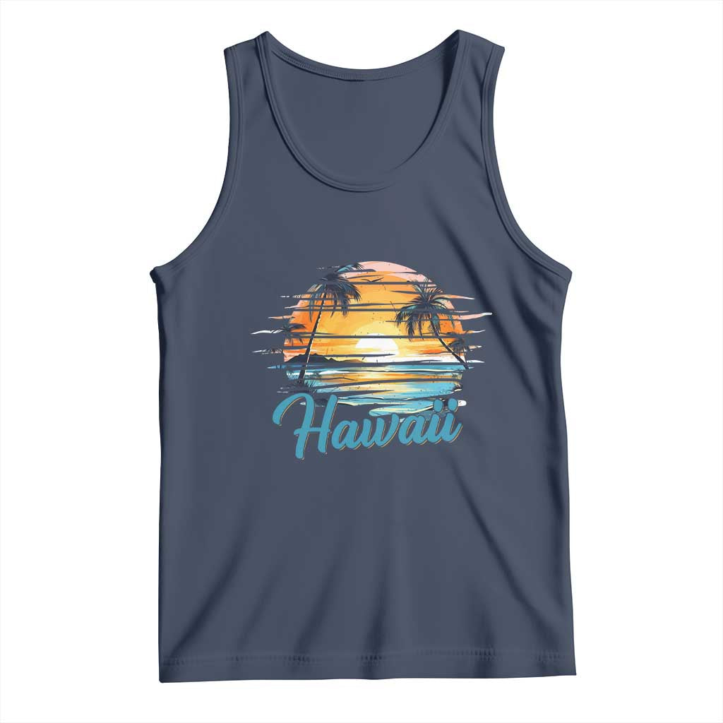 Retro Sunset Palm Tree Hawaii Tank Top Tropical Vacation Graphic TS12 Navy Print Your Wear