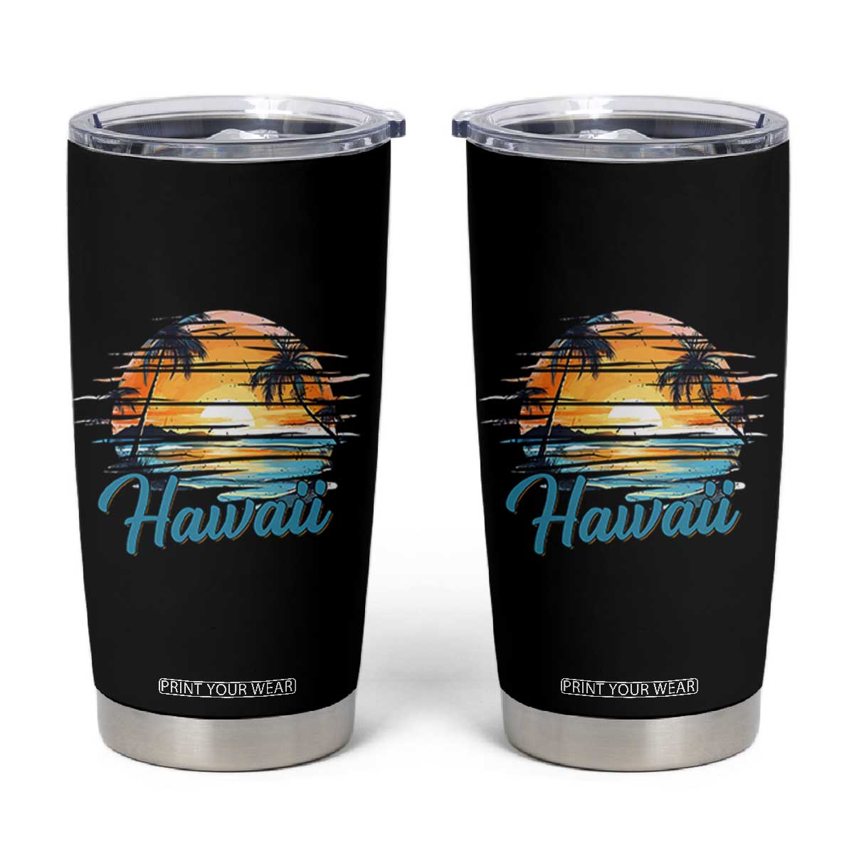 Retro Sunset Palm Tree Hawaii Tumbler Cup Tropical Vacation Graphic TS12 Black Print Your Wear