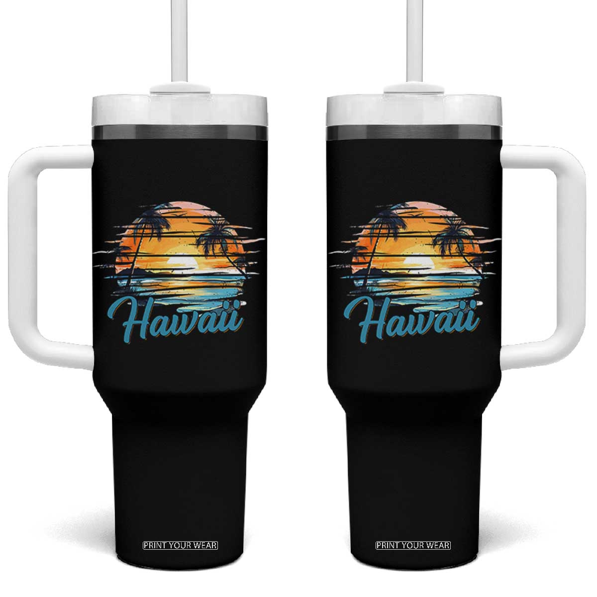 Retro Sunset Palm Tree Hawaii Tumbler With Handle Tropical Vacation Graphic TS12 One Size: 40 oz Black Print Your Wear
