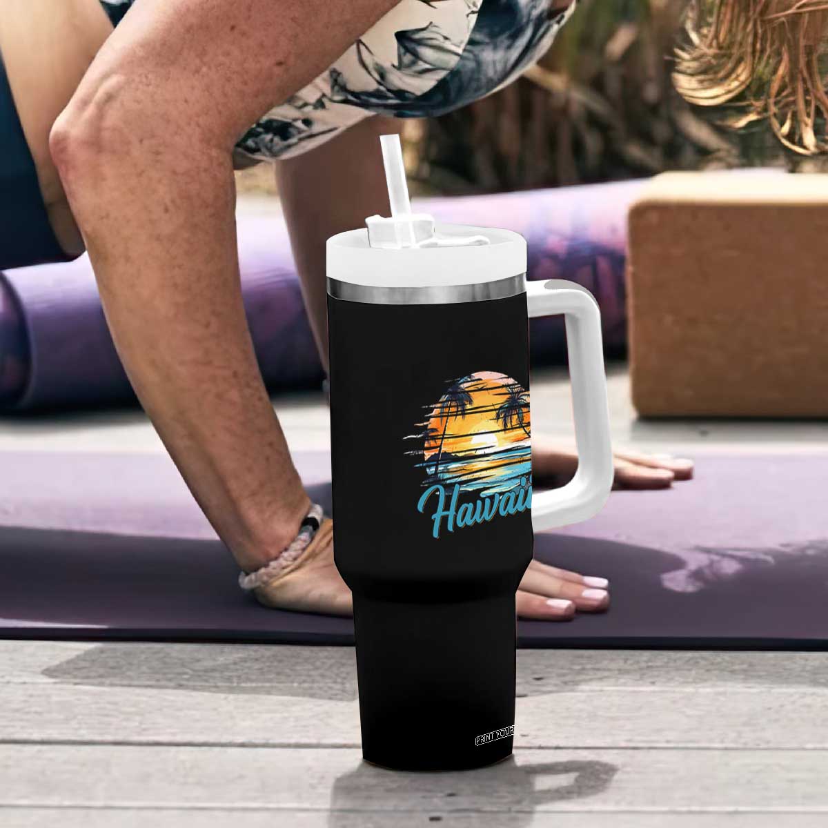 Retro Sunset Palm Tree Hawaii Tumbler With Handle Tropical Vacation Graphic TS12 Print Your Wear