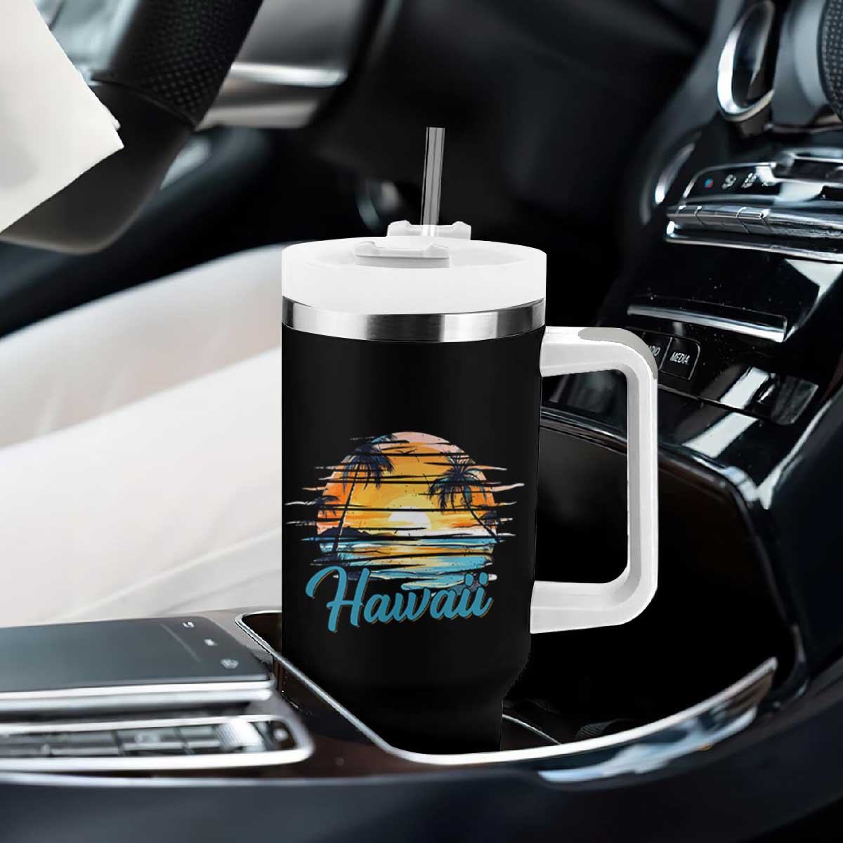 Retro Sunset Palm Tree Hawaii Tumbler With Handle Tropical Vacation Graphic TS12 Print Your Wear